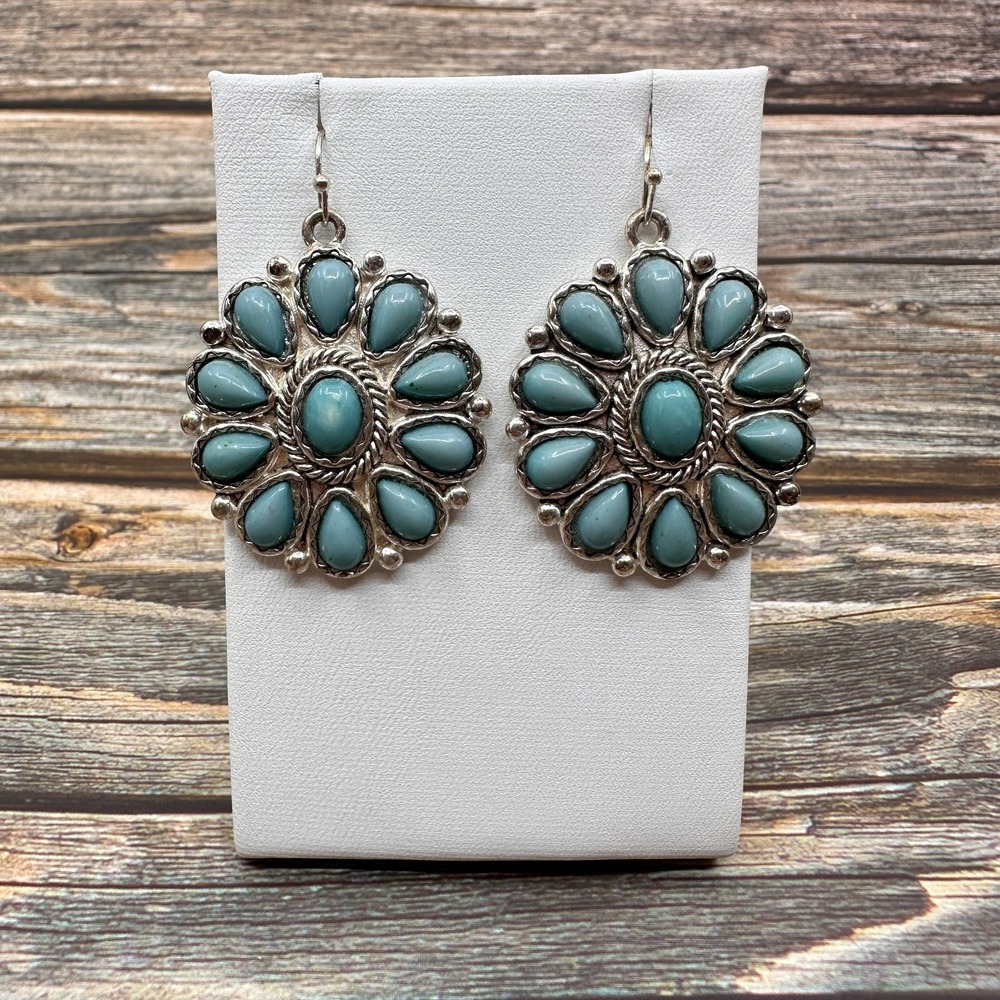 Turquoise Tone Cluster Flower Drop Earrings Silver Tone Boho Statement Gift